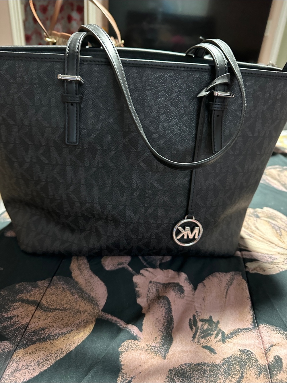 Michael Kors Black Monogram Tote with Silver MK Charm